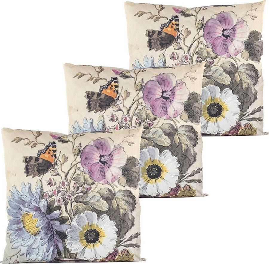 Anna's Collection buitenkussen bloem 3x wit paars 60 x 60 cm Water en UV bestendig