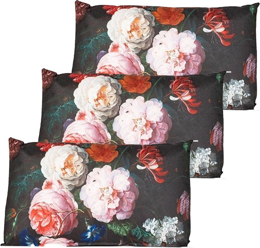 Anna's Collection buitenkussen bloem 3x Zwart roze 30 x 50 cm Water en UV bestendig