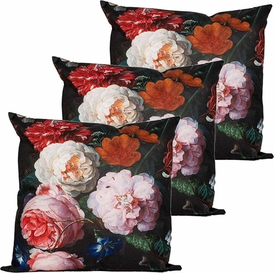 Anna's Collection buitenkussen bloem 3x zwart roze 45 x 45 cm Water en UV bestendig