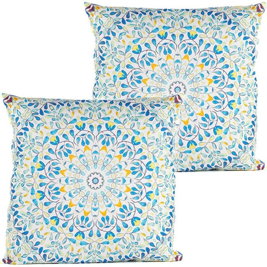 Anna's Collection buitenkussen mandala 2x blauw wit 60 x 60 cm Water en UV bestendig