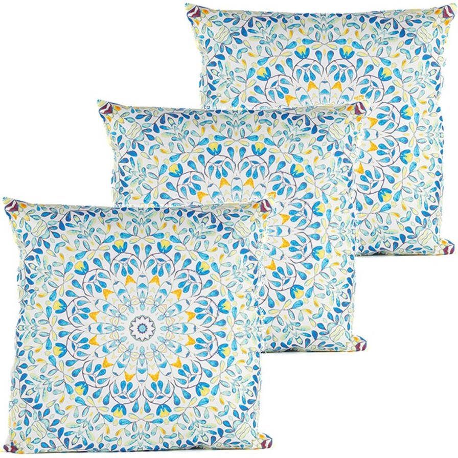 Anna's Collection buitenkussen mandala 3x blauw wit 60 x 60 cm Water en UV bestendig