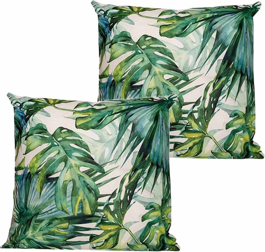 Anna's Collection buitenkussen monstera 2x wit groen 60 x 60 cm Water en UV bestendig