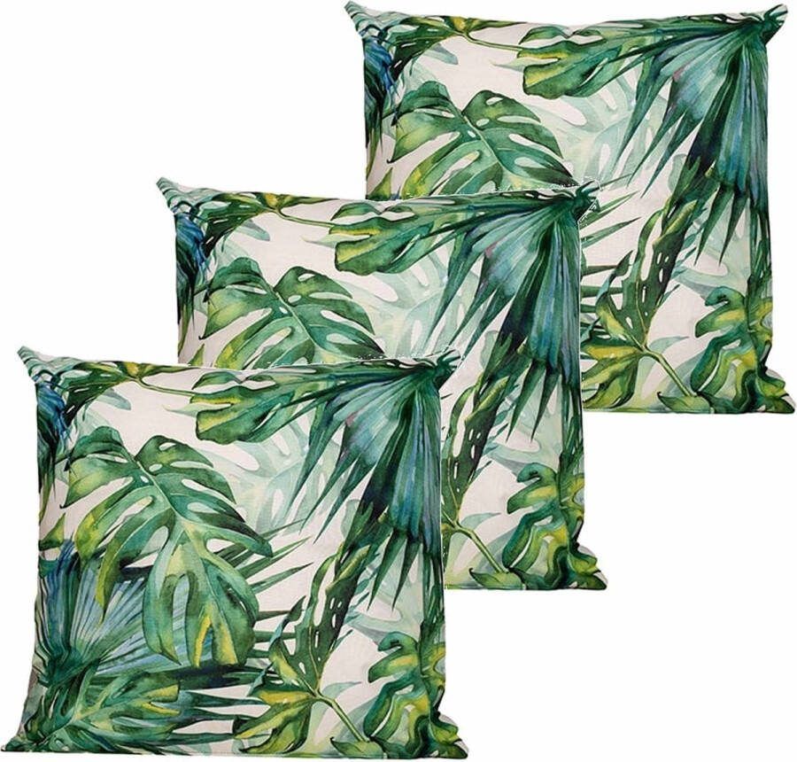 Anna's Collection buitenkussen monstera 3x wit groen 60 x 60 cm Water en UV bestendig