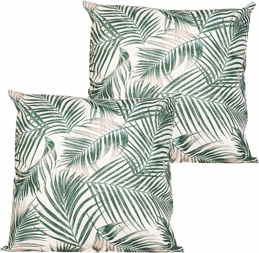 Anna's Collection buitenkussen palm 2x wit groen 60 x 60 cm Water en UV bestendig