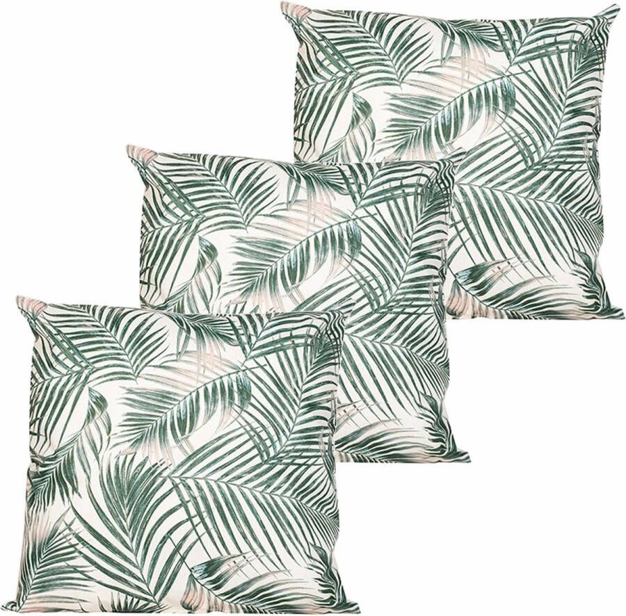 Anna's Collection buitenkussen palm 3x wit groen 60 x 60 cm Water en UV bestendig