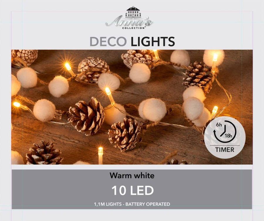 Anna's Collection Decoratie Touwverlichting met Sneeuwballen Denneappels op Batterijen Timer 10 LED's 1.1 meter Warm Wit