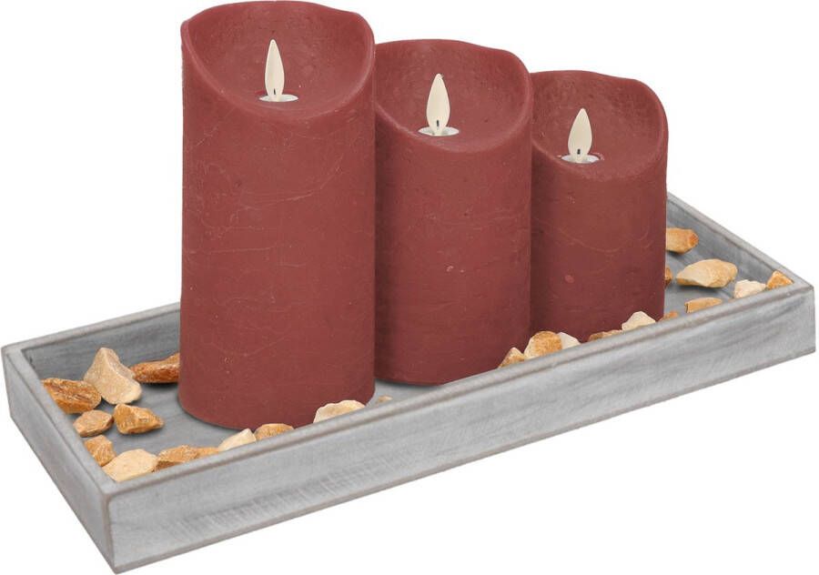 Anna&apos;s Collection Houten dienblad met 3 LED kaarsen in de kleur roze 14 x 40 cm LED kaarsen