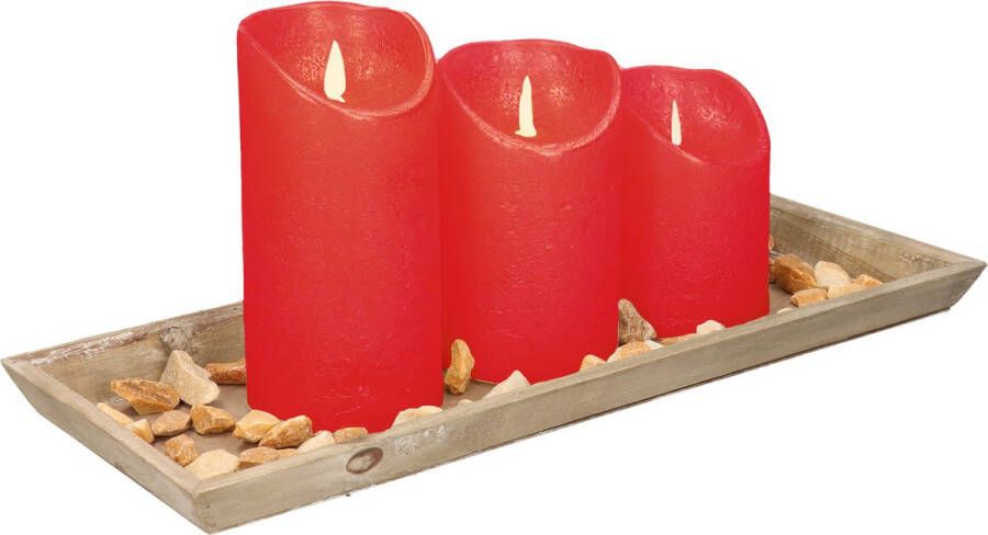Anna&apos;s Collection Dienblad van hout met 3 LED kaarsen in de kleur rood 39 x 15 cm LED kaarsen