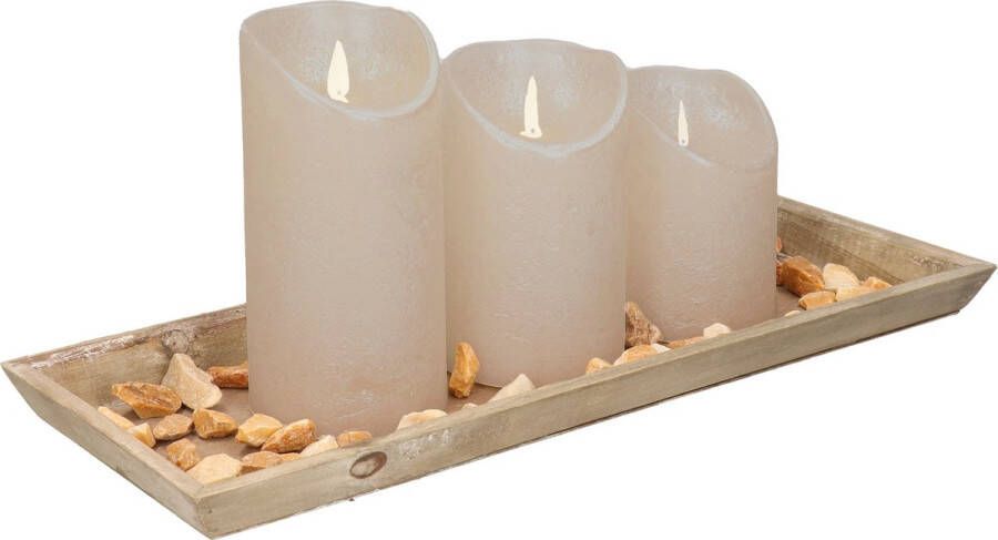 Anna&apos;s Collection Houten dienblad met 3 LED kaarsen in de kleur taupe 39 x 15 cm LED kaarsen