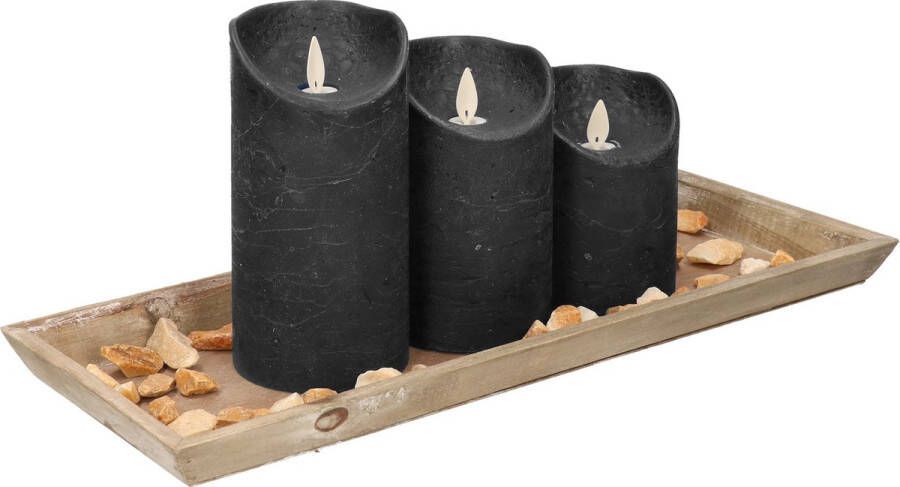Anna&apos;s Collection Dienblad van hout met 3 LED kaarsen in de kleur zwart 39 x 15 cm LED kaarsen