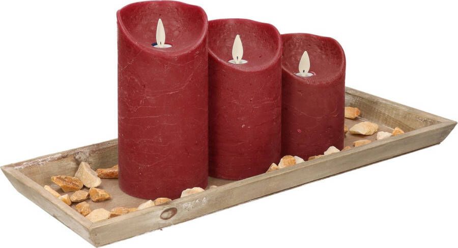 Anna&apos;s Collection Houten dienblad met steentjes en 3 LED kaarsen in het bordeaux rood 39 x 15 cm LED kaarsen