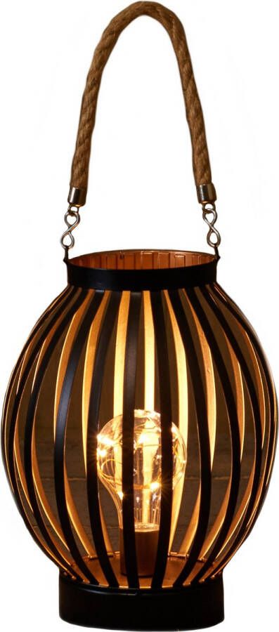 Anna's Collection Led sfeer lantaarn lamp zwart goud rond met timer B16 x H22 cm Woondecoratie kerstversiering sfeerverlichting