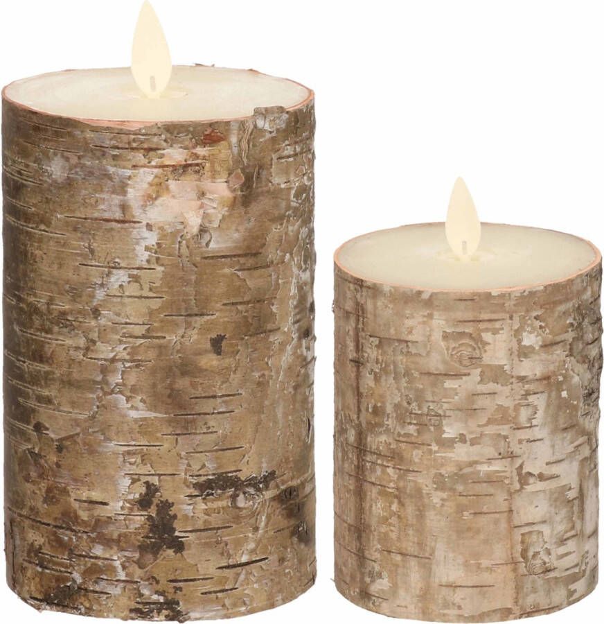 Anna's Collection Set van 2x stuks Bruin berkenhout Led kaarsen met bewegende vlam 10 en 15 cm Sfeer stompkaarsen voor binnen