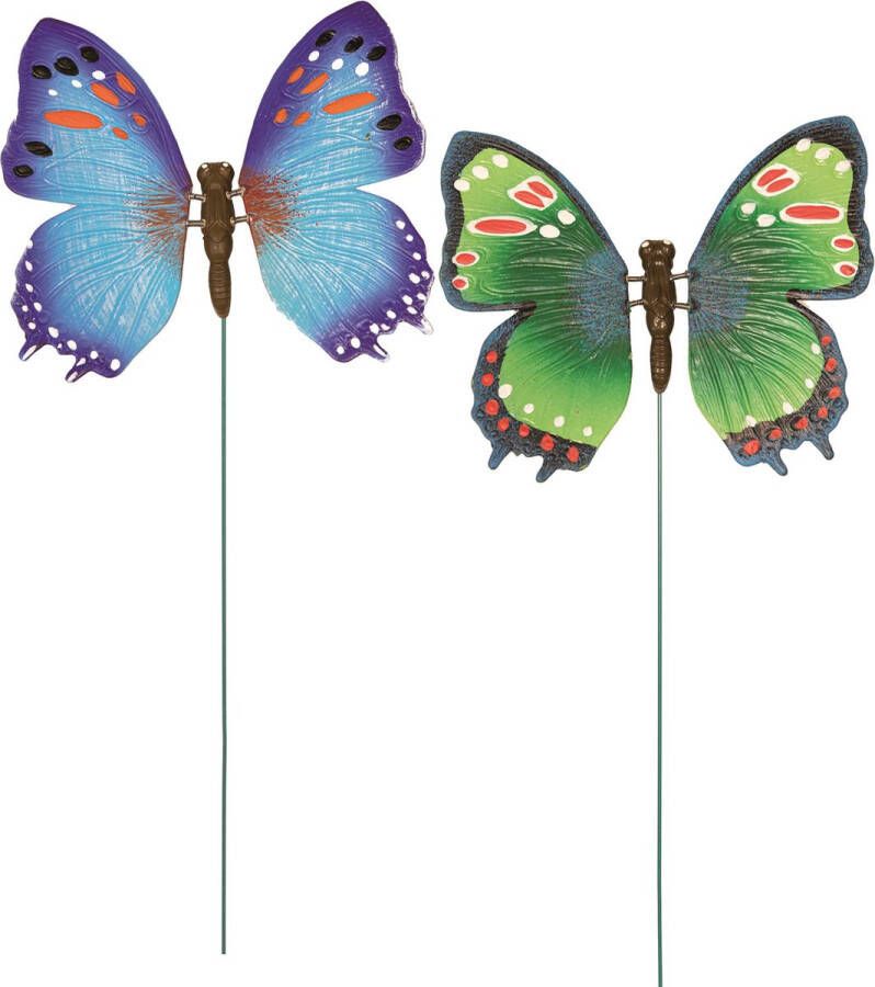 Anna's Collection Set van 2x stuks metalen vlinders groen en blauw 15 x 60 cm op steker Tuindecoratie vlinders