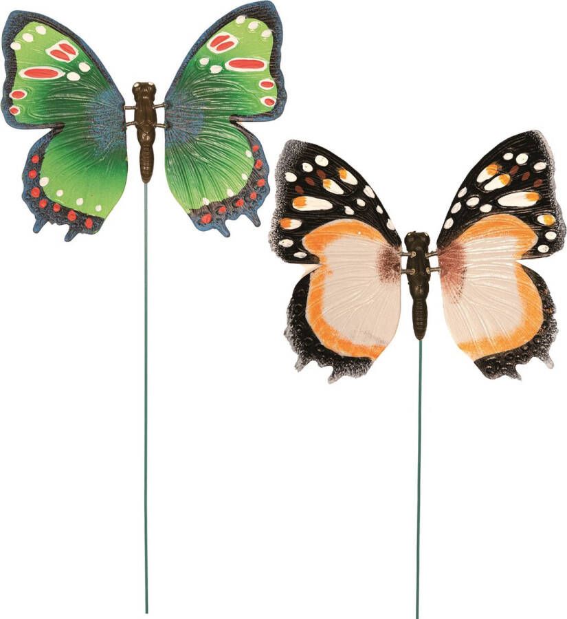 Anna's Collection Set van 2x stuks metalen vlinders groen en oranje 15 x 60 cm op steker Tuindecoratie vlinders