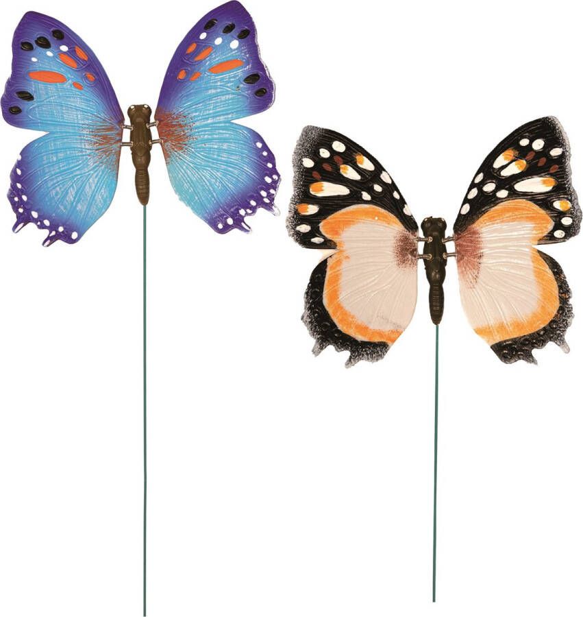 Anna's Collection Set van 2x stuks metalen vlinders oranje en blauw 15 x 60 cm op steker Tuindecoratie vlinders