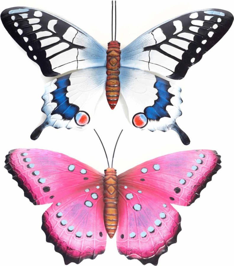 Anna's Collection Set van 2x stuks tuindecoratie muur wand schutting vlinders van metaal in blauw en roze tinten 48 x 30 cm