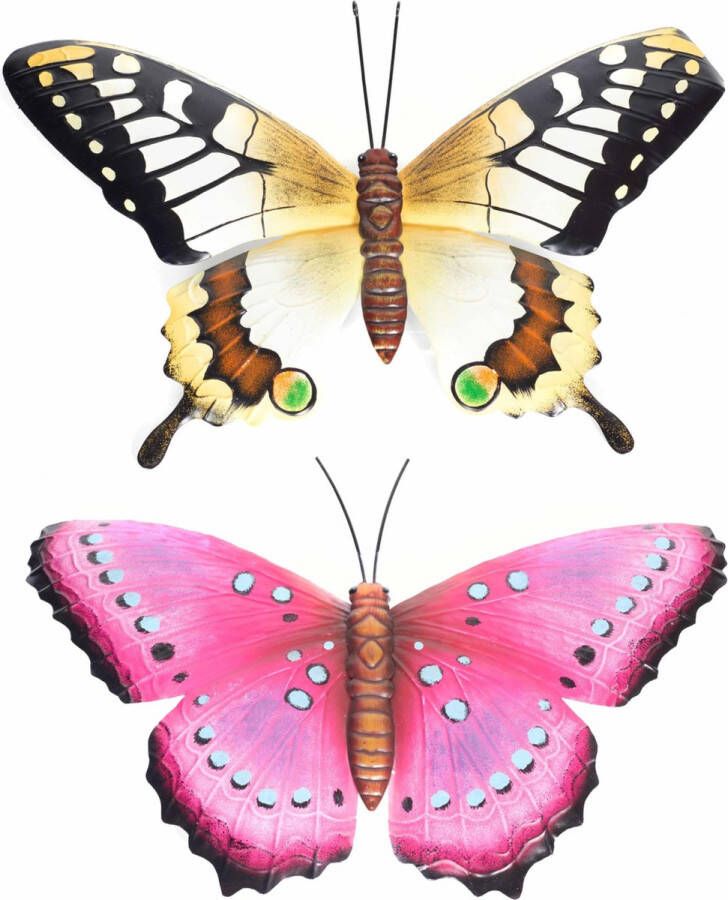 Anna's Collection Set van 2x stuks tuindecoratie muur wand schutting vlinders van metaal in roze en geel tinten 48 x 30 cm
