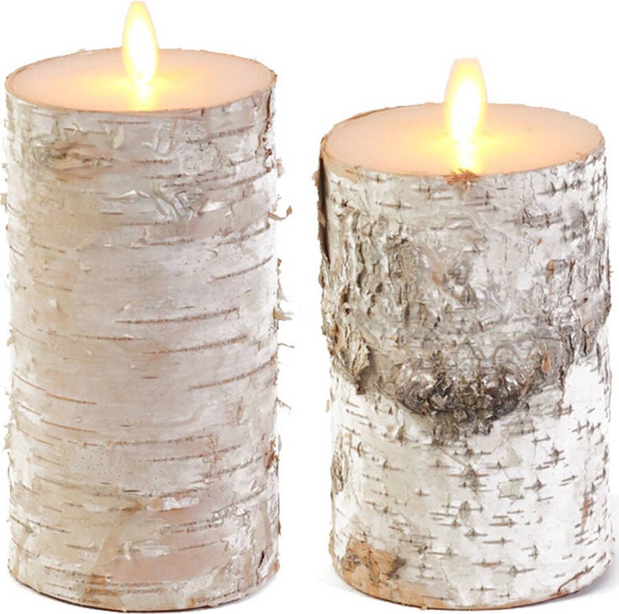 Anna's Collection Set van 2x stuks Wit berkenhout Led kaarsen met bewegende vlam 12.5 en 15 cm Sfeer stompkaarsen voor binnen