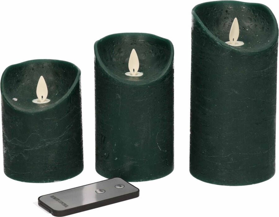 Anna's Collection Set van 3x antiek groene LED stompkaarsen met afstandsbediening Woondecoratie LED kaarsen Elektrische kaarsen