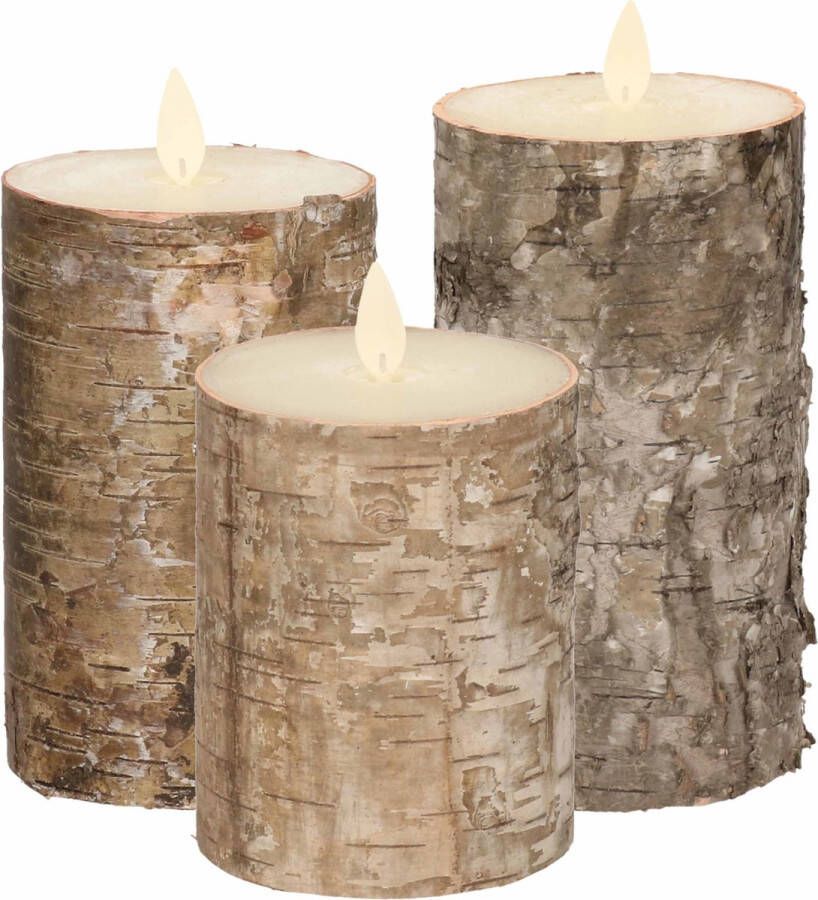 Anna's Collection Set van 3x stuks Bruin berkenhout Led kaarsen met bewegende vlam Sfeer stompkaarsen voor binnen