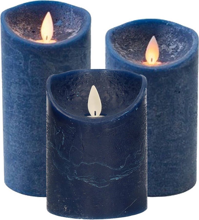 Anna's Collection Set van 3x stuks Donkerblauwe Led kaarsen met bewegende vlam Sfeer stompkaarsen voor binnen