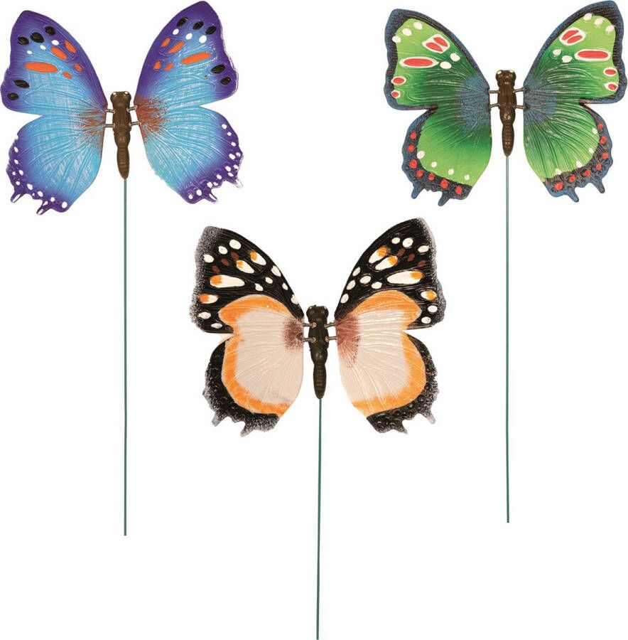 Anna's Collection Set van 3x stuks metalen vlinders blauw groen en oranje 15 x 60 cm op steker Tuindecoratie vlinders
