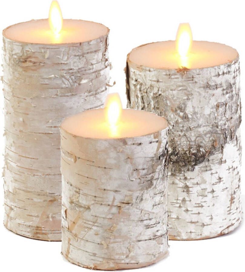 Anna's Collection Set van 3x stuks Wit berkenhout Led kaarsen met bewegende vlam Sfeer stompkaarsen voor binnen