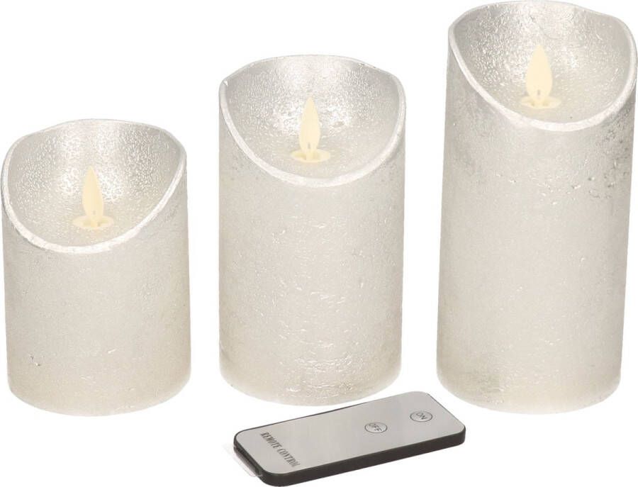 Anna's Collection Set van 3x zilveren LED stompkaarsen met afstandsbediening Woondecoratie LED kaarsen Elektrische kaarsen
