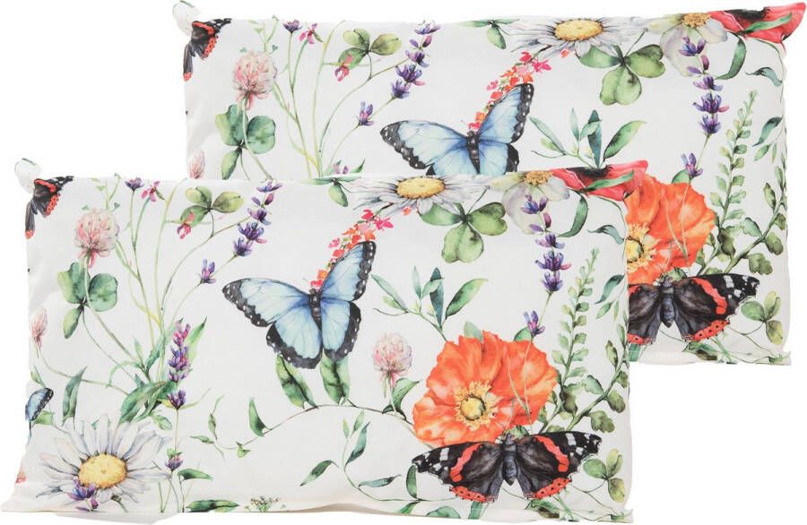 Anna&apos;s Collection Sierkussen voor binnen en buiten 2x vlinders wit 30 x 50 cm tuinkussen Sierkussens