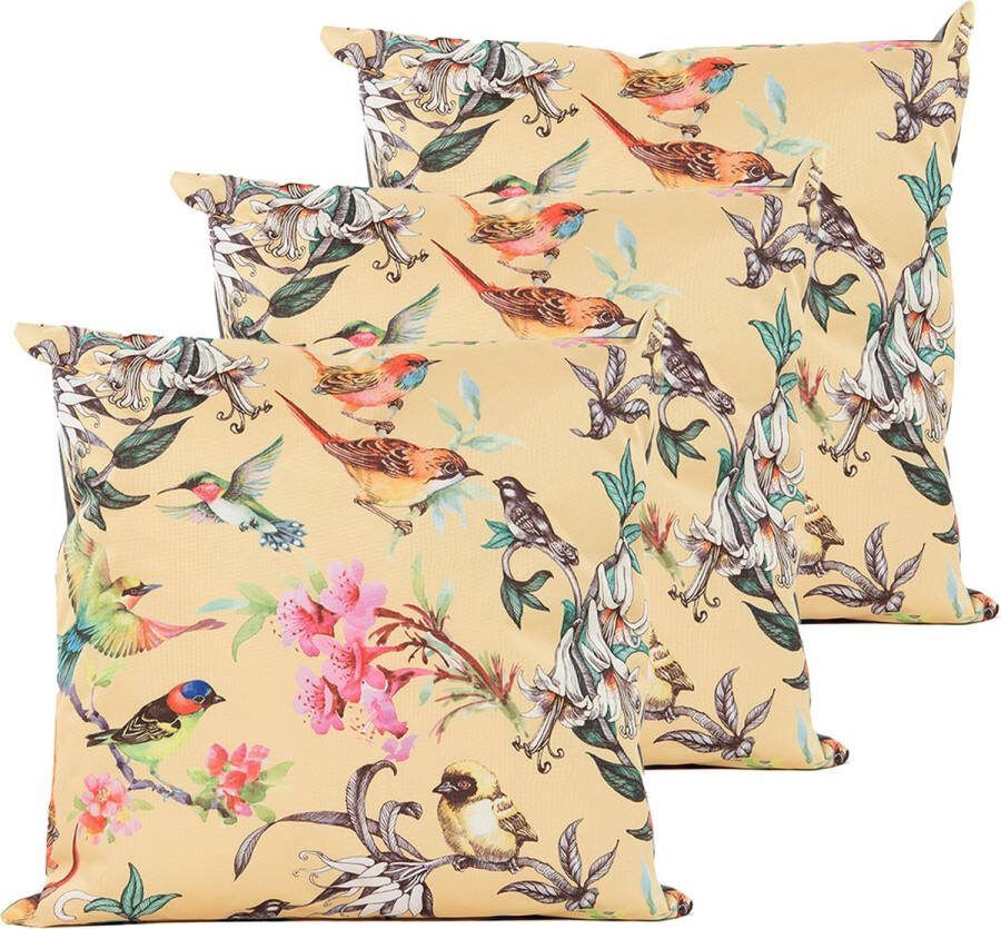 Anna's Collection Sierkussen voor binnen en buiten 3x vogels geel 60 x 60 cm tuinkussen Sierkussens