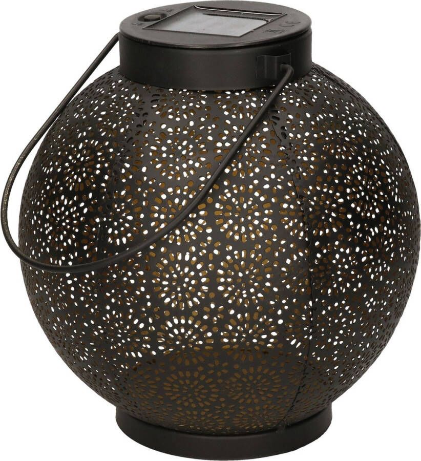 Anna's Collection Solar lantaarn ijzer zwart met cirkel patroon en hengsel 19 cm Tuinlantaarns Solarverlichting Tuinverlichting