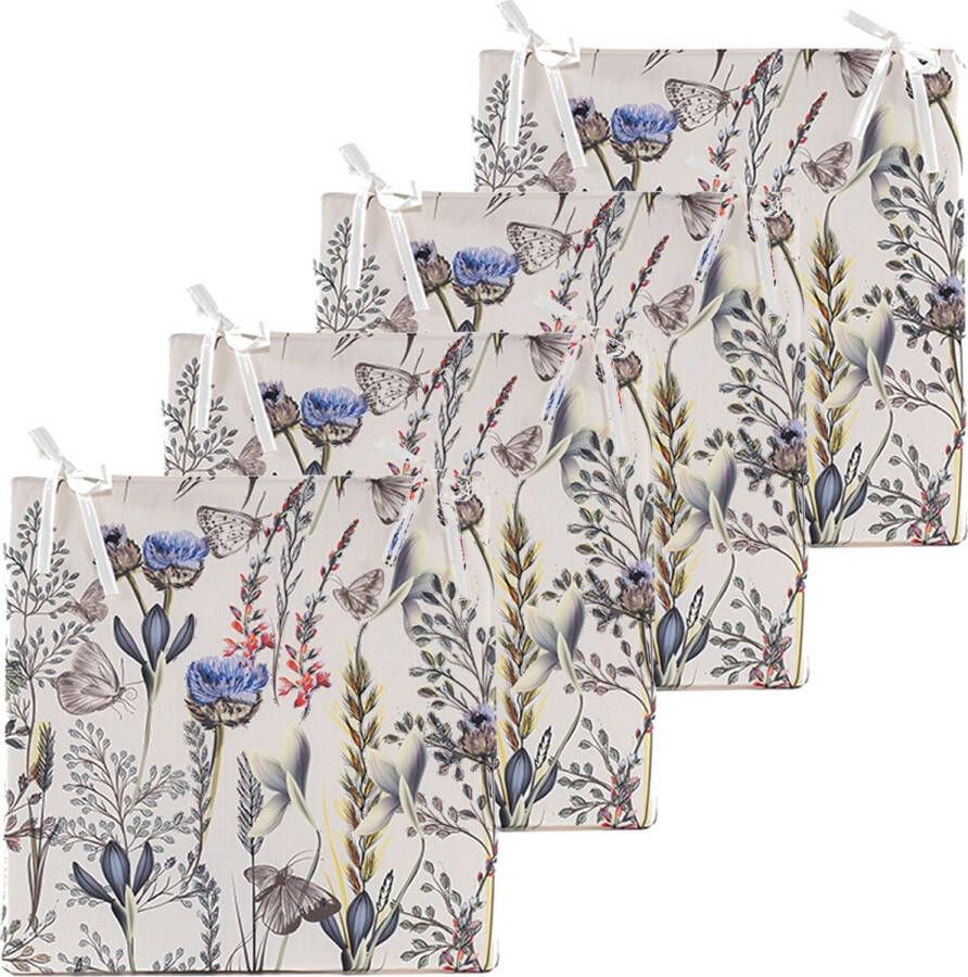 Anna's Collection Stoelkussen bloem 4x wit paars 40 x 40 cm binnen buiten
