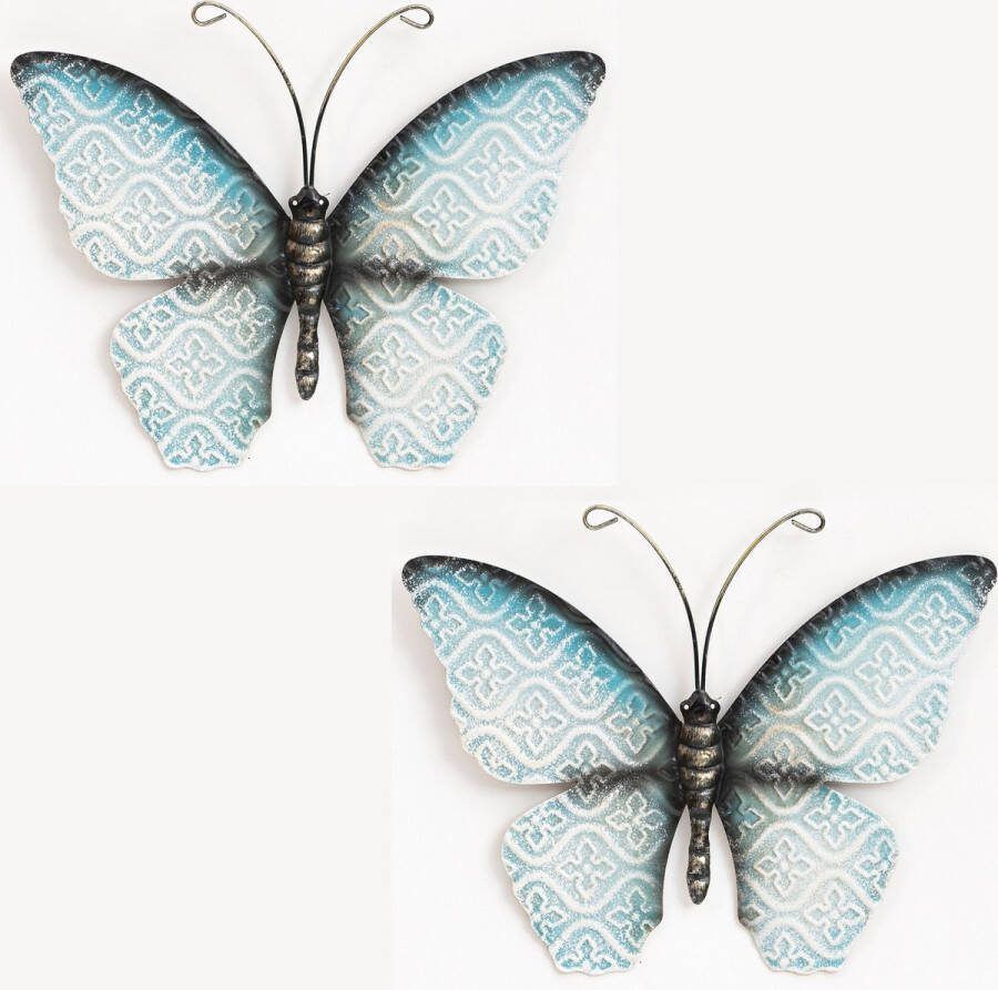 Anna's Collection Wand decoratie vlinder 2x blauw 30 x 21 cm metaal muurdecoratie