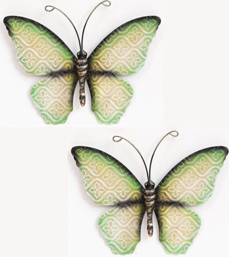 Anna's Collection Wand decoratie vlinder 2x groen 20 x 14 cm metaal muurdecoratie