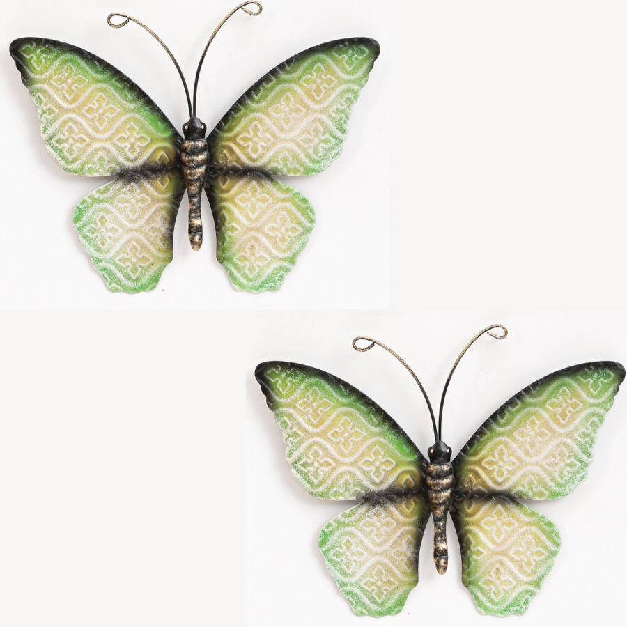 Anna's Collection Wand decoratie vlinder 2x groen 30 x 21 cm metaal muurdecoratie