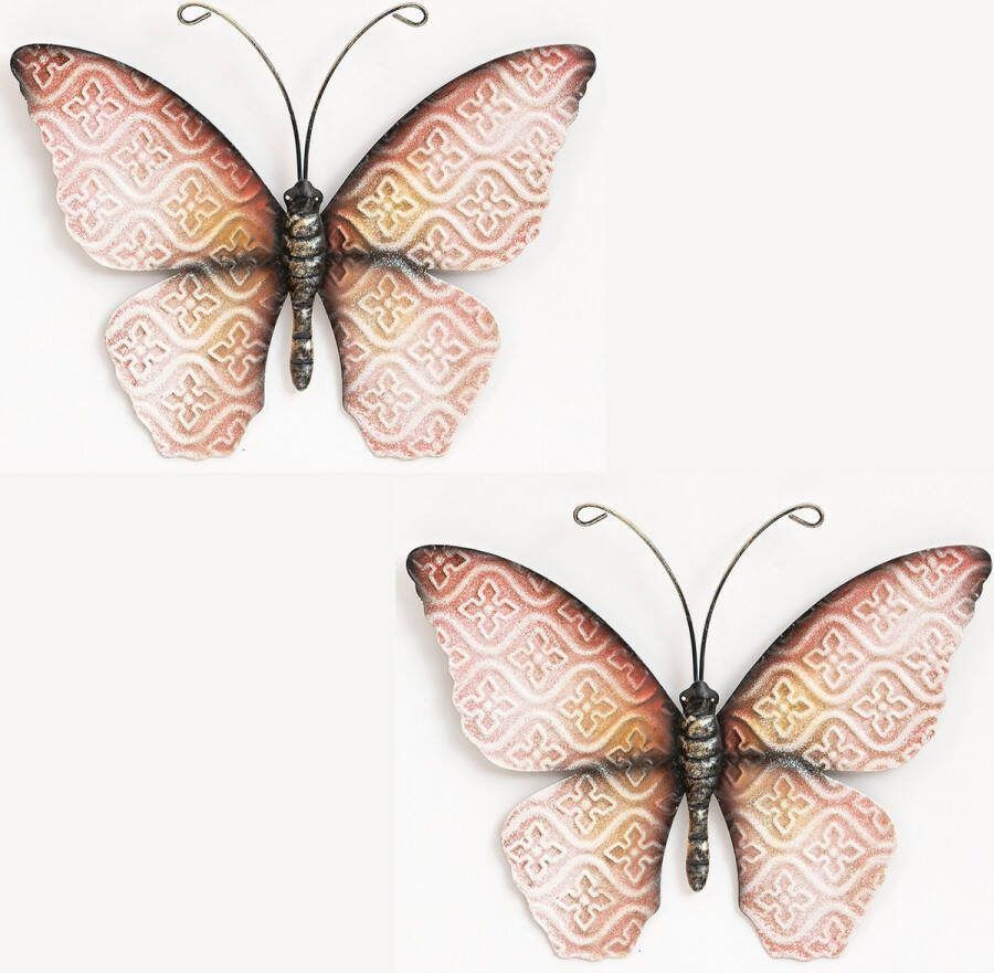 Anna's Collection Wand decoratie vlinder 2x roze 30 x 21 cm metaal muurdecoratie