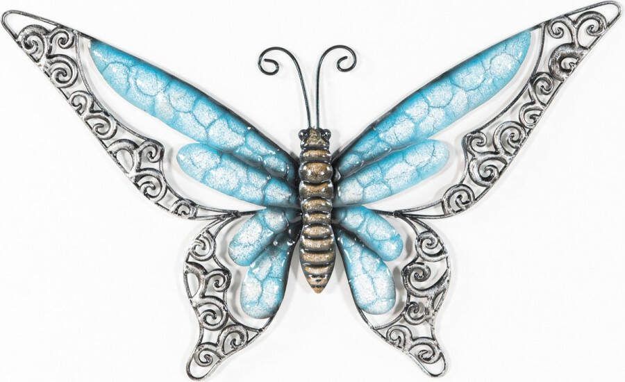 Anna's Collection Wand decoratie vlinder blauw 36 x 21 cm metaal muurdecoratie schutting buiten tuinbeelden van dieren