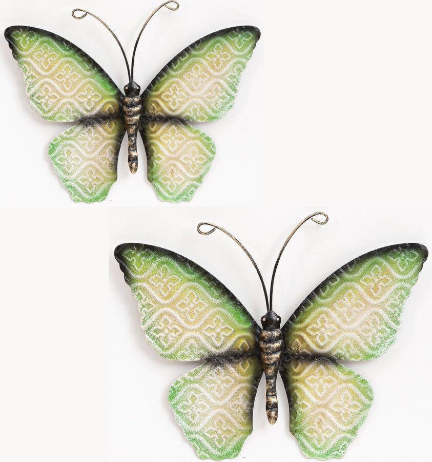 Anna's Collection Wanddecoratie vlinders set 2x groen 30 x 21 cm metaal muurdecoratie