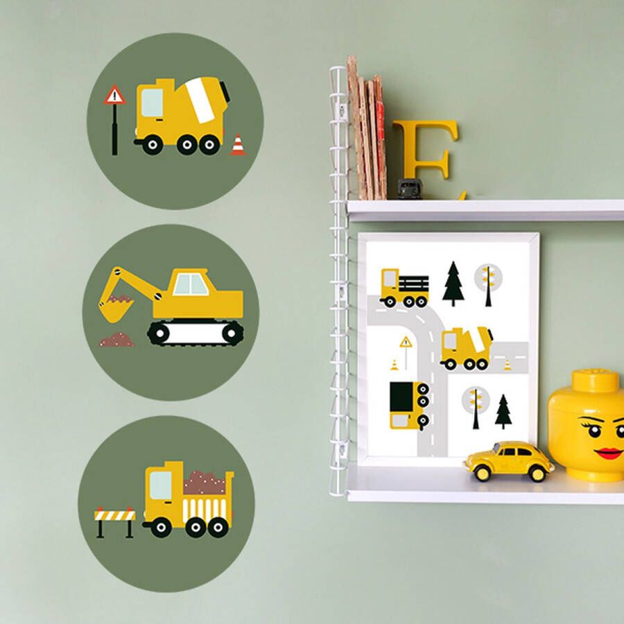 ANNIdesign Muurcirkel set On the Road olijf groen 3x 30cm muursticker voertuigen graafmachine vrachtwagen cementmolen groen kinderkamer jongenskamer muurdecoratie kinderkamerstyling – kinderkameraccessoire