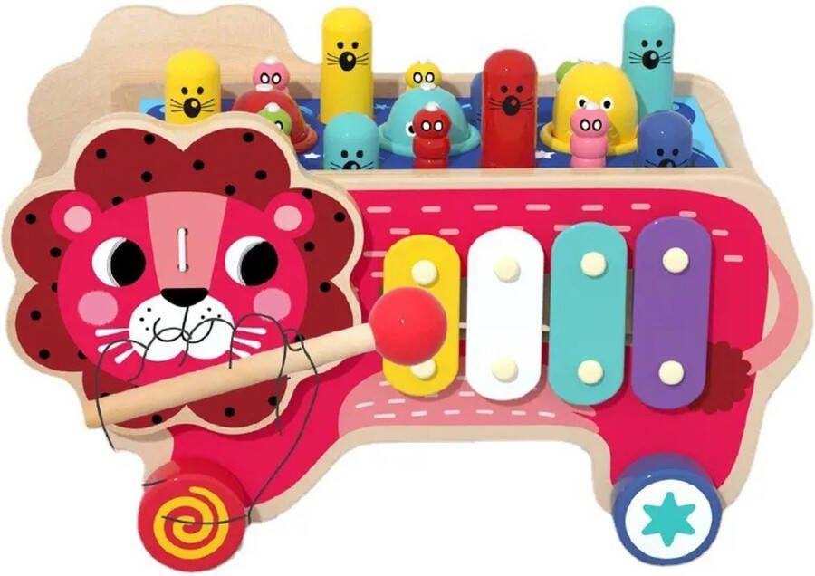 Annie's choice Annie´s Choice Leo de Leeuw 4 in 1 Houten Speelgoed Hamerbank Xylofoon Visspel leren klokkijken Montessori Speelgoed