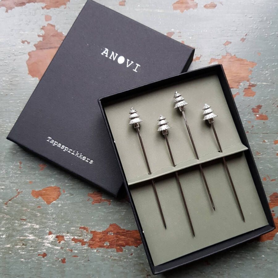 Anovi Tapasprikkers met Kerstboomontwerp Zilvertin 8 cm Set van 4 in Luxe Doosje