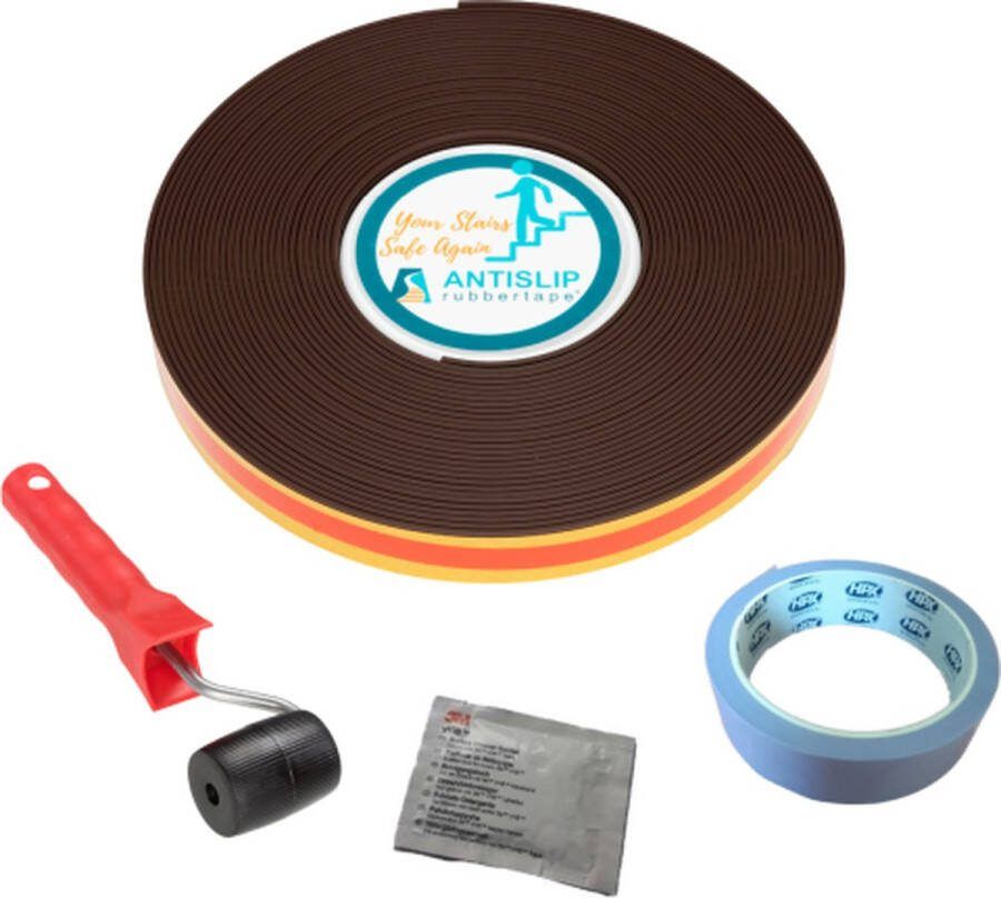 Antisliprubbertape.com Anti slip tape zelfklevende strip complete set voor 1 trap chocolade bruin 2 8 cm