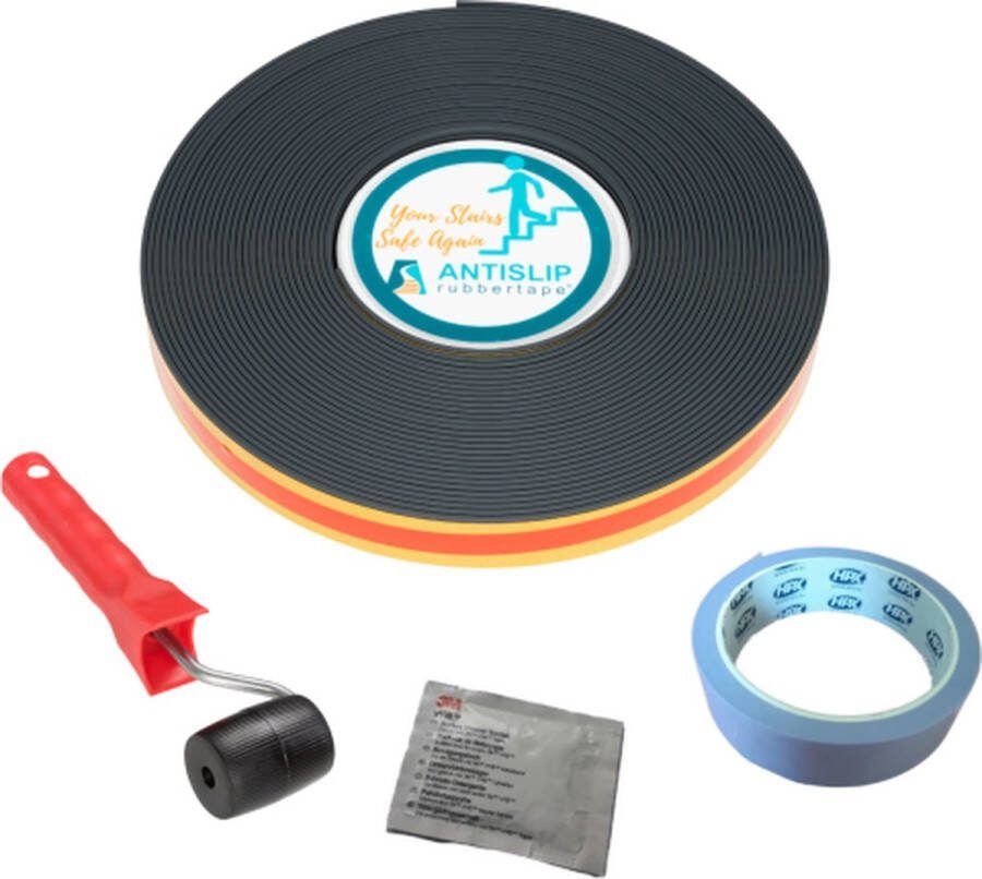 Antisliprubbertape.com Antislip trapprofiel Zelfklevende strip Complete set voor 1 trap Antraciet Rol 15m