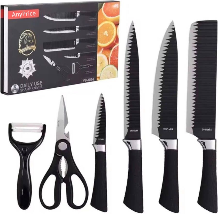 AnyPrice Keukenmes Set 6 Stuks Professionele Keukenmessenset Dunschiller Schaar Hakmes Koksmes Brood Mes Fruit Mes Zwart