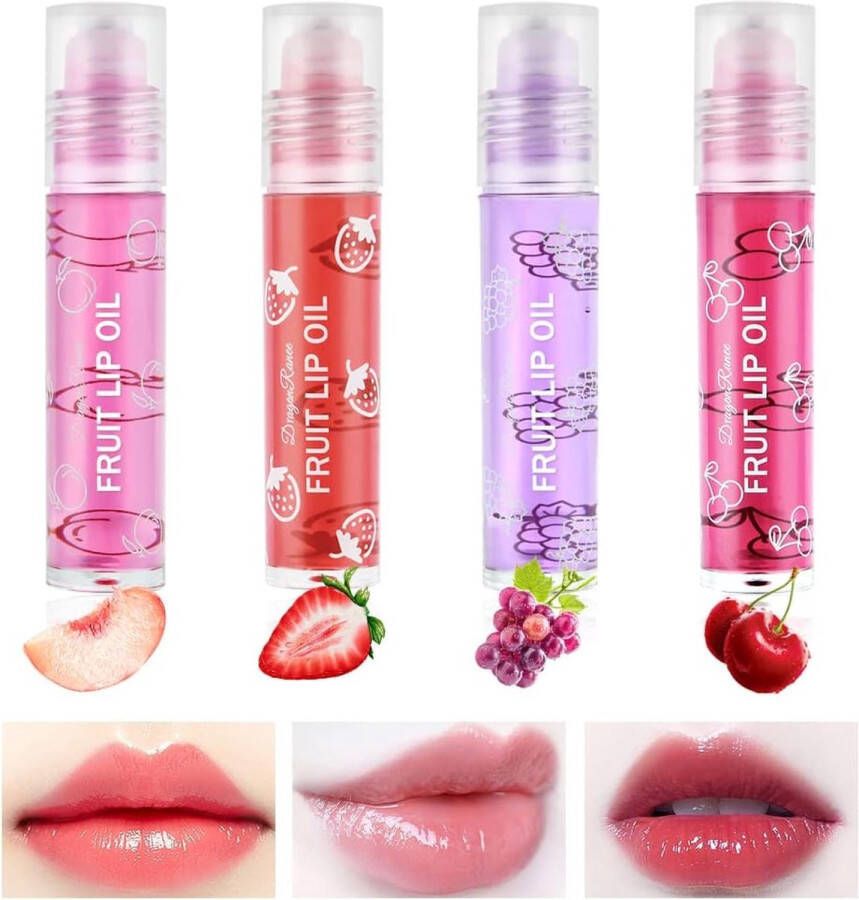 AOOWU 4-delige Hydraterende Lipolieset Opzwepende Lippenolie met Fruitsmaak voor Droge Lippen Langdurige Lipgloedbalsem Lippenverzorging Transparante Hydraterende Niet-plakkerige Lipgloss (Perzik Aardbei Druif Kers)