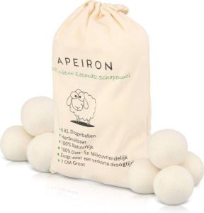 Apeiron Drogerballen Droogballen 6 XL Wasbollen Droger Duurzaam Wasmachine Wasverzachter Energie Besparen Zero Waste Schapenvacht Wol