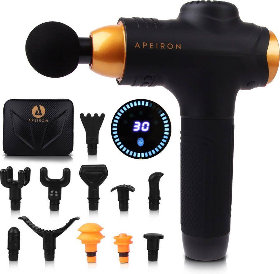 Apeiron Massage Gun – Massage Apparaat – Massage Pistool – Theragun Massagegun Professioneel – 30 Snelheidsstanden – 12 Opzetstukken – Touchscreen 3300 mAh Zwart & Goud Gratis E-book