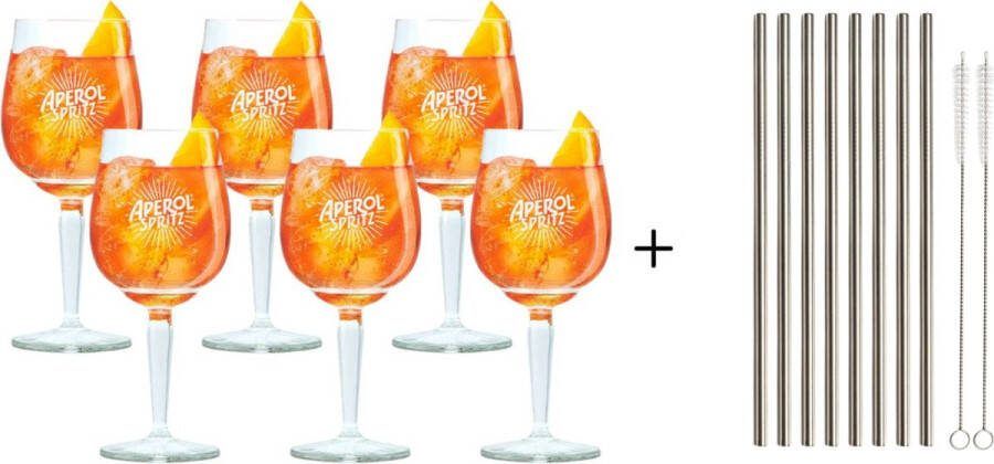 Aperol Spritz Glazen 450 ml 6 stuks & Herbruikbare rietjes met borstel RVS 8 stuks