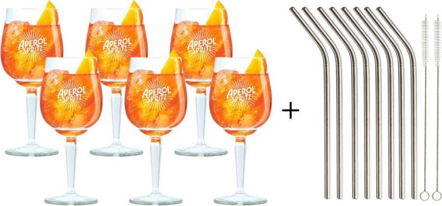 Aperol Spritz Glazen 450 ml 6 stuks & Herbruikbare rietjes met borstel RVS Gebogen 8 stuks